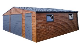 Blechgarage 8x7m 2x Schwingtor 2x PVC Kippfenster Metalldachziegel Holzoptik ID271