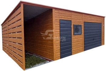 Blechgarage 6x6m + Überdachung 1,5m - Schwingtor - Tür - PVC Kippfenster - Holzoptik - Anthrazit - Flachdach ID968