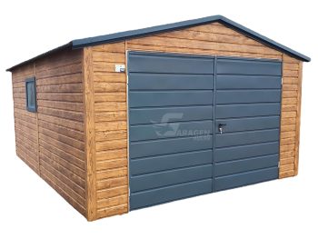 Blechgarage 4x5m Zweiflügeliges Tor PVC Kippfenster Holzoptik Satteldach | ID447 |