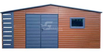 Gartenhaus - Gartenschuppen 5,5x3m + Überdachung 0,5m - Zweiflügeliges Tor - PVC Kippfenster - Holzoptik - Satteldach | GP555 |