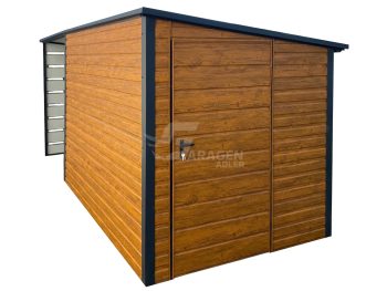 Gartenhaus - Gartenschuppen 3x2m + Überdachung 2m - Tür - Holzoptik - Flachdach GP552