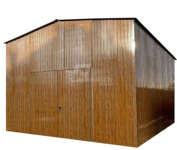 Blechhalle 6x6m - Zweiflügeliges Tor - 2x PVC Kippfenster - Holzoptik - Satteldach ID938