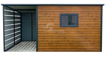 Gartenhaus - Gartenschuppen 3x2m + Überdachung 1,5m - Tür - PVC Kippfenster - Holzoptik - Flachdach | GP548 |