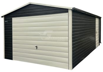 Blechgarage 3,5x5m - Schwingtor - Tür - Norwegische Kiefer - Holzoptik - Dachrinnen - Satteldach | ID923 |