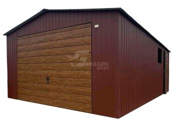 Blechgarage 4,5x6m Schwingtor - Tür - PVC Kippfenster - Holzoptik - Satteldach ID933