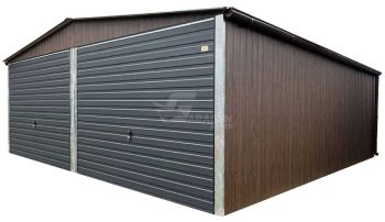 Blechgarage 6x6m - 2x Schwingtor - Dunkles Walnussholz - Holzoptik - Dachrinnen - Satteldach | ID926 |