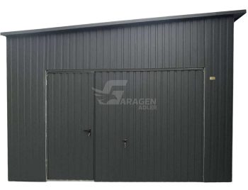 Blechgarage 4,5x10m - 2x Schwingtor - 2x Tür - PVC Kippfenster - Anthrazit - Dachrinnen - Dach mit seitlichem Gefälle | ID925 |