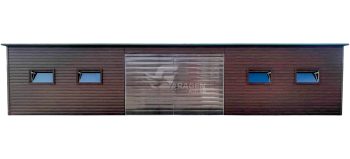 Blechgarage 12x4,5m Zweiflügeliges Tor - 4x PVC Kippfenster - Holzoptik - Flachdach ID932