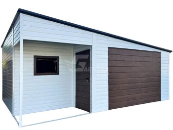 Blechgarage 6x5m - Wandnische in der Garage 2m - Schwingtor - PVC Kippfenster - Tür - Weiß - Holzoptik - Dach mit einer Neigung nach rechts  | ID914 |