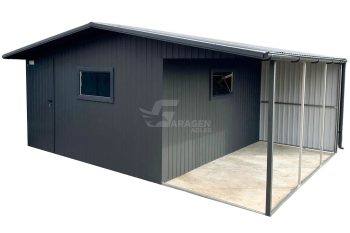Blechgarage - Gartenschuppen 4x6m + Überdachung 2m - Tür - 2x PVC Kippfenster - Anthrazit - Dachrinnen - Satteldach ID921