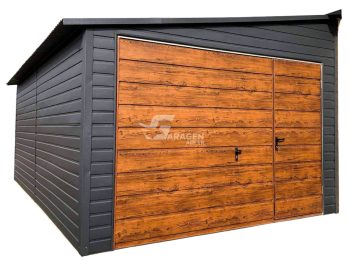 Blechgarage 3,5x6m - Schwingtor mit Zusätzliche Tür - Holzoptik | GP90 |