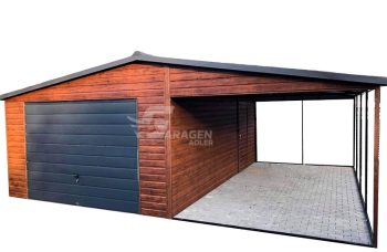 Blechgarage 5x6m -Schwingtor + Überdachung   3m x 6m Holzoptik - Satteldach GP88