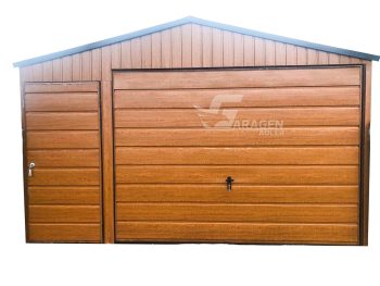 Blechgarage 4x6m - Schwingtor + Zusätzliche Tür - Holzoptik - Satteldach GP95