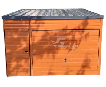 Blechgarage  4x5m -Schwingtor Tür - Holzoptik - Dachrinnen GP199