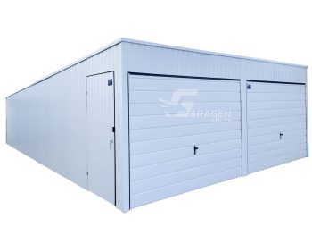 Blechgarage  6x7m -2x Schwingtor + Zusätzliche Tür Weiß Pultdach GP140