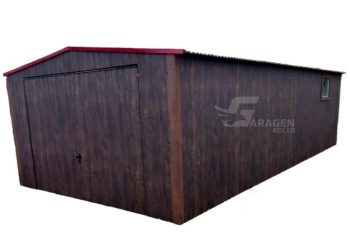 Blechgarage 4mx8m - Schwingtor - Tür - PVC Kippfenster - Dunkles Walnussholz GP235