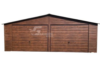 Blechgarage  7x6m - 2x Schwingtor + Zusätzliche Tür - holzoptik -  Satteldach GP130