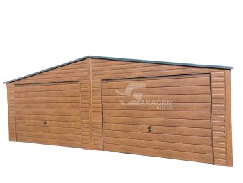 Blechgarage 7x5m-2x Schwingtor-HolzOptik-Helles Walnussholz-Satteldach GP203