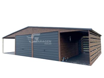 Blechgarage 6x6m-Überdachung 3mx6m - 2x Schwingtor - Dachrinnen - Holzoptik - Metalldachziegel GP231