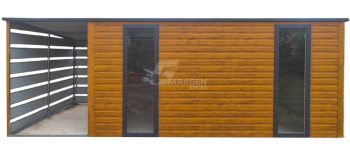 Gartenhaus - Gartenschuppen 4x2,5m + Überdachung 1,5m - Tür - 2x PVC fenster - Holzoptik - Flachdach | GP614 |