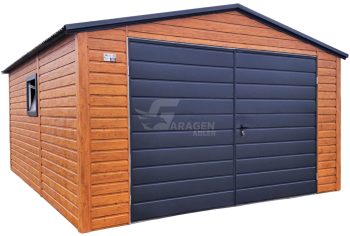 Blechgarage 4x5m - Zweiflügeliges Tor - PVC Kippfenster - Holzoptik - Satteldach | ID981 |