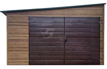 Blechgarage 4x7m Zweiflügeliges Tor - PVC Kippfenster - Holzoptik - Pultdach mit Neigung zur Seite ID898