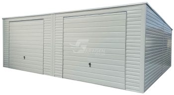 Blechgarage 8x7m - 2x Schwingtor - Weiß - Dachrinnen - Flachdach GP524