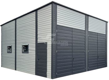 Blechhalle - Lagerhalle 7x8m - 2x Zweiflügeliges Tor - 4x PVC Kippfenster - Tür - Anthrazit - Silber - Dachrinnen - Flachdach | ID893 |