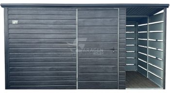 Gartenhaus - Gartenschuppen 3x2m + Überdachung 1m - Tür - Holzoptik - Flachdach | ID880 |