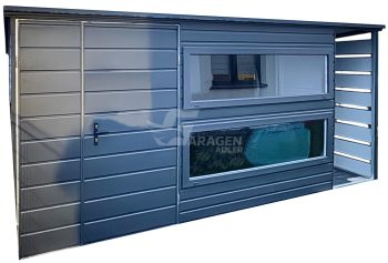 Gartenhaus - Gartenschuppen 3,8x2,5m + Überdachung 0,7m - Zweiflügeliges Tor - 2x PVC Kippfenster - Anthrazit - Dachrinnen - Flachdach | ID877 |