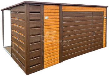 Gartenhaus - Gartenschuppen 4x3m + Überdachung 0,5m - Schwingtor - Tür - Holzoptik - Flachdach | ID873 |