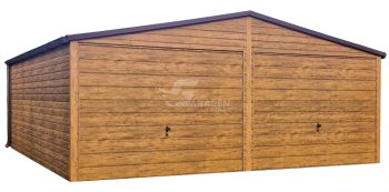 Blechgarage 6x6,5m - 2x Schwingtor - Holzoptik - Helles Walnussholz - Dachrinnen - Satteldach ID846