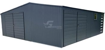 Blechgarage 7x7,5m + Wandnische in der Garage 2,5m - 2x Zweiflügeliges Tor - 2x PVC Kippfenster - Anthrazit - Satteldach GP481