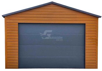 Blechgarage 5x6m - Sektionaltor - Tür - Holzoptik - Anthrazit - Dachrinnen - Satteldach | ID844 |