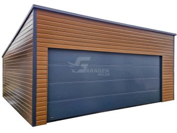 Blechgarage 6,5x6m - Sektionaltor - Tür - Holzoptik - Goldene Eiche - Anthrazit - Flachdach | ID845 |