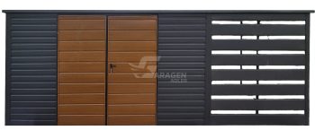 Gartenhaus - Gartenschuppen 4x3m + Überdachung 2m - Zweiflügeliges Tor - PVC Kippfenster - Anthrazit - Holzoptik - Dachrinnen - Flachdach | GP616 |