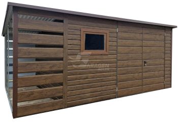 Gartenhaus - Gartenschuppen 4x3m + Überdachung 1m - Zweiflügeliges Tor - PVC Kippfenster - Holzoptik - Flachdach ID841