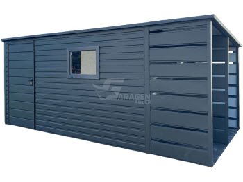 Gartenhaus - Gartenschuppen 3,8x2,5m + Überdachung 1,2m - Tür - PVC Kippfenster - Anthrazit - Flachdach | GP459 |