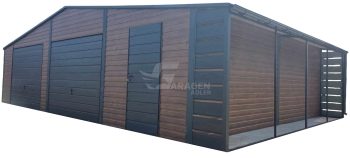 Blechgarage 10x6m + Überdachung 1m - 2x Schwingtor - 2x PVC Kippfenster - Tür - Holzoptik - Dachrinnen - Satteldach GP455