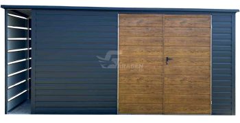 Gartenhaus - Gartenschuppen 4,5x2m + Überdachung 0,5m - Zweiflügeliges Tor - Holzoptik - Anthrazit - Flachdach | GP609 |