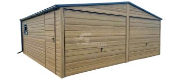 Blechgarage 6x5,8m - 2x Schwingtor - Tür - PVC Kippfenster - Holzoptik - Winchester - Dachrinnen - Satteldach GP454