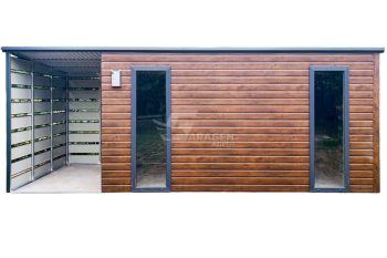 Gartenhaus - Gartenschuppen 4,5x2,5m + Überdachung 1,5m - Tür - 2x PVC Kippfenster - Holzoptik - Anthrazit - Flachdach | ID802 |