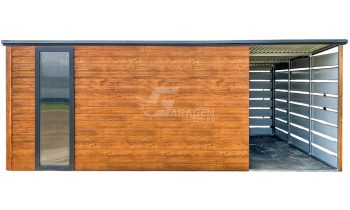 Gartenhaus - Gartenschuppen 4x3m + Überdachung 2m - Tür - PVC Kippfenster - Holzoptik - Anthrazit - Flachdach | ID805 |