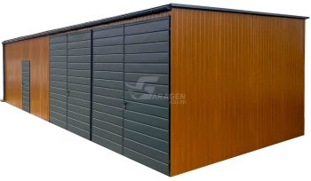 Blechgarage 12x6m - 2x Schwingtor - Tür - Anthrazit - Dachrinnen - Dach neigt sich nach vorne GP611