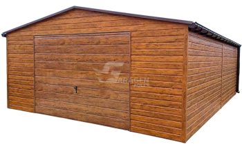 Blechgarage 6x6m Schwingtor - Tür - 2x PVC Kippfenster - Holzoptik - Dachrinnen - Satteldach | ID810 |