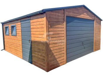 Blechgarage 5x5m - Schwingtor - Tür - 2x PVC Kippfenster - Holzoptik - Anthrazit - Dachrinnen - Satteldach | ID794 |