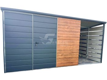 Gartenhaus - Gartenschuppen 3x3m + Überdachung 1,5m - Zweiflügeliges Tor - Holzoptik - Flachdach | ID800 |