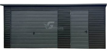 Blechgarage 7x5m - Schwingtor - Tür - PVC Kippfenster - Schwarz - Anthrazit - Flachdach | ID790 |