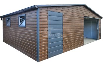 Blechgarage 7,5x5m - Schwingtor - Tür - 2x PVC Kippfenster - Holzoptik - Dachrinnen - Satteldach ID789