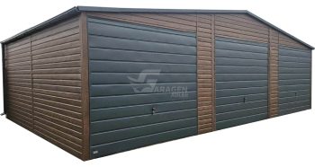 Blechgarage 10,5x6m - 3x Schwingtor - Tür - Holzoptik - Dachrinnen - Satteldach ID791